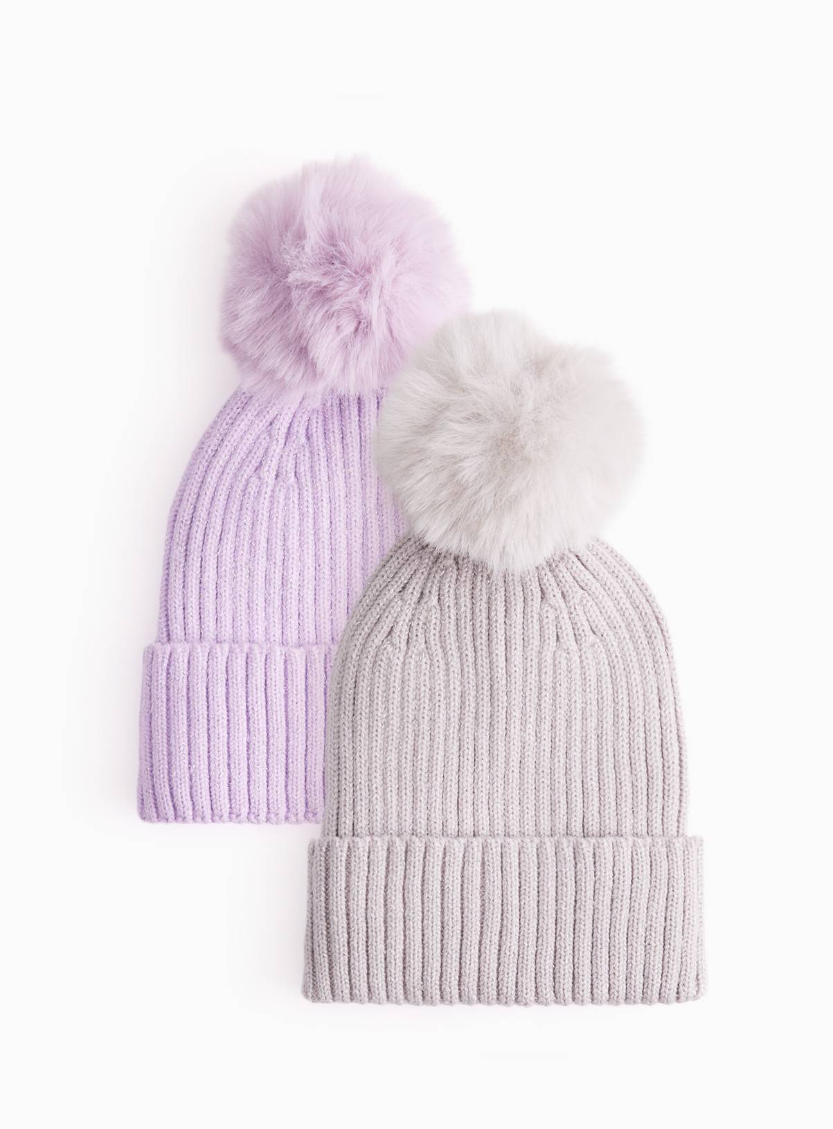 Ribbed Pom Pom Beanie Hats 2-Pack 6-9 years - Image 1